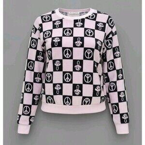 Wound Up Fleece Shirt Juniors Large 16 Black Purple Mushrooms Peace Signs Soft